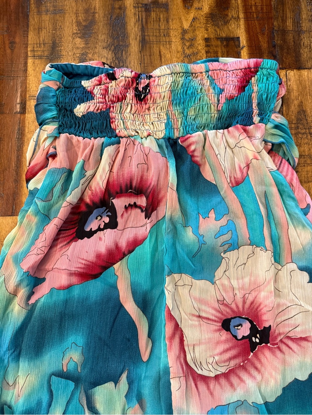 Spring/Summer women's strapless bandeau maxi dress. blue/pink floral flowy lined - Picture 9 of 10